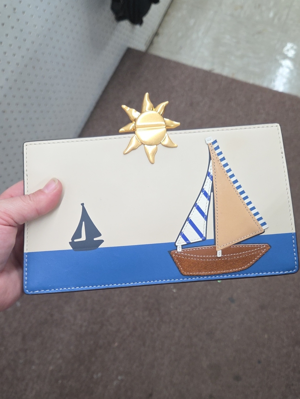 Tory Burch Sailboat Clutch with Gold Sun Accent - Cream & Blue